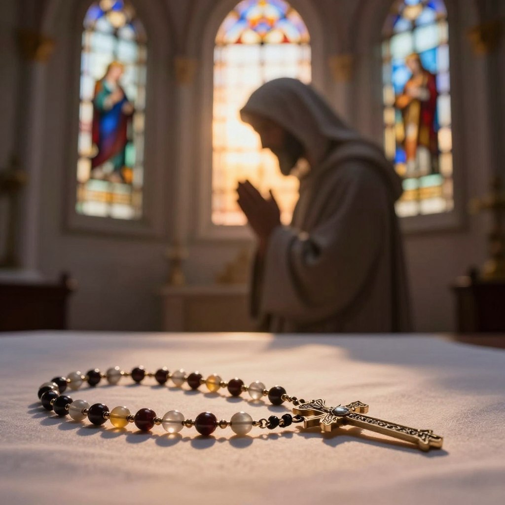 A serene and majestic depiction of the Glorious Mysteries of the Rosary, with an ethereal atmosphere reflecting hope and faith. In the foreground, a beautifully crafted rosary with shining beads lies on a soft, illuminated surface, symbolizing prayer and meditation. The middle ground features a soft-focus silhouette of a contemplative figure in modest attire, gently clasping their hands in prayer. In the background, a radiant chapel with stained glass windows captures the light of a divine sunset, casting colorful reflections that enhance the sense of tranquility. Soft, warm lighting envelops the scene, creating a peaceful ambiance. The overall mood is one of safety, security, and eternal promise, inviting viewers to connect with their spirituality and the divine protection offered through the Holy Rosary. A serene and majestic depiction of the Glorious Mysteries of the Rosary, with an ethereal atmosphere reflecting hope and faith. In the foreground, a beautifully crafted rosary with shining beads lies on a soft, illuminated surface, symbolizing prayer and meditation. The middle ground features a soft-focus silhouette of a contemplative figure in modest attire, gently clasping their hands in prayer. In the background, a radiant chapel with stained glass windows captures the light of a divine sunset, casting colorful reflections that enhance the sense of tranquility. Soft, warm lighting envelops the scene, creating a peaceful ambiance. The overall mood is one of safety, security, and eternal promise, inviting viewers to connect with their spirituality and the divine protection offered through the Holy Rosary.