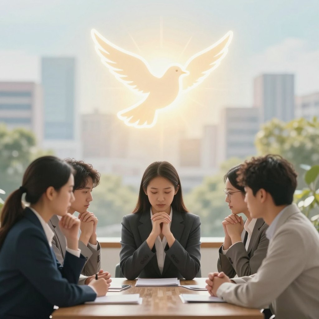 A serene and spiritual illustration of the Holy Spirit guiding individuals in their daily mission, foreground featuring a diverse group of three people of different ethnicities in professional business attire, engaged in thoughtful discussion and prayer. In the middle ground, soft, ethereal light emanates from a symbol of the dove, representing the Holy Spirit, casting a warm glow upon the participants. The background showcases a blurred, subtle cityscape merging with nature, symbolizing the connection between divine guidance and everyday life. The atmosphere is peaceful yet empowering, filled with a sense of purpose and collaboration. The image should utilize soft, natural lighting, with a slight bokeh effect to enhance focus on the group while maintaining a gentle, uplifting mood.