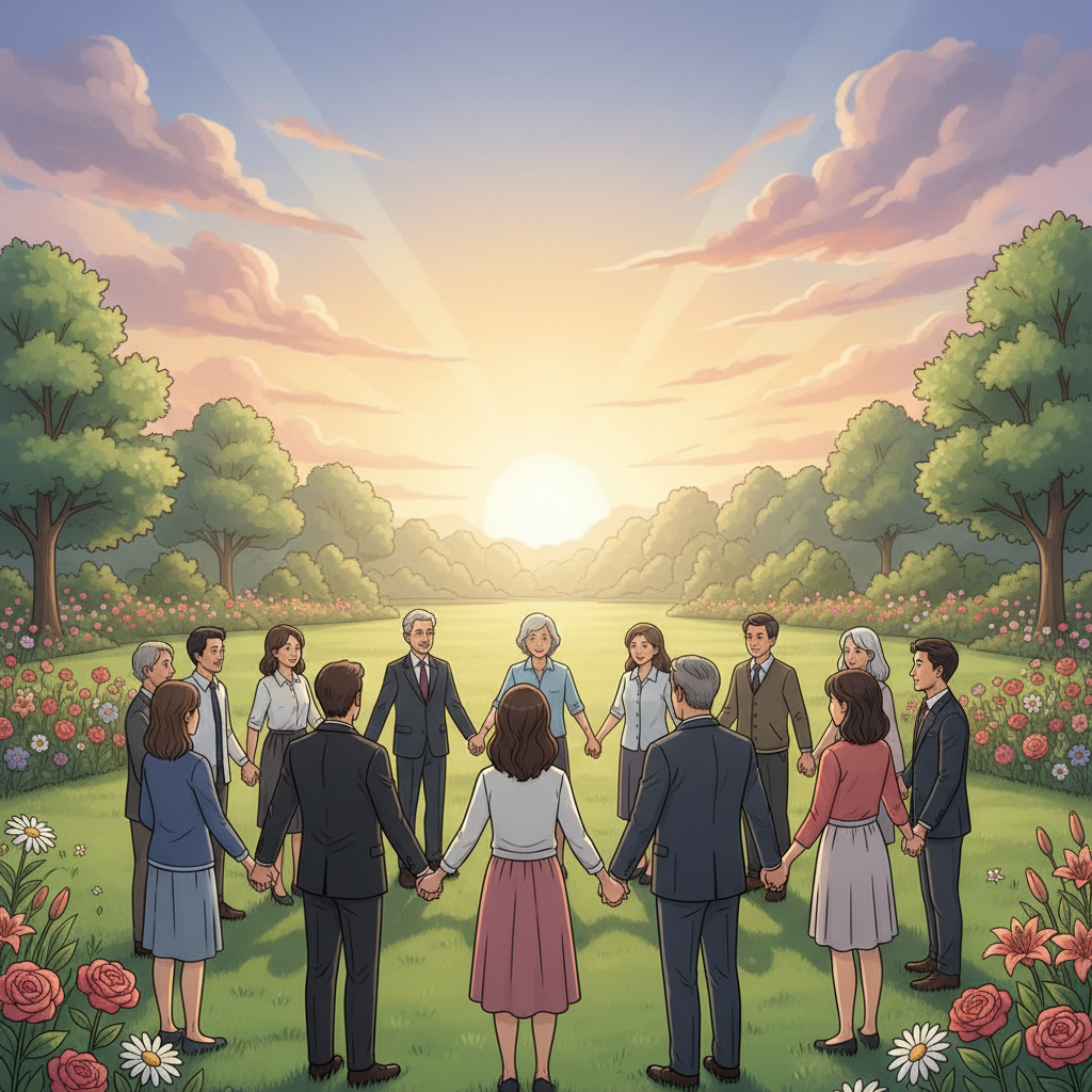 A serene and uplifting image symbolizing unity within a diverse community gathered in prayer. In the foreground, a group of individuals from various backgrounds, dressed in professional business attire or modest casual clothing, stand side by side, holding hands in a circle, their faces exuding peace and hope. The middle ground features a beautiful open space, with soft green grass and blooming flowers, symbolizing growth and harmony. The background showcases a gentle sunset, casting warm golden and soft pastels across the sky, creating an inviting atmosphere. The lighting is soft and diffused, enhancing the sense of tranquility. This visual encapsulates the spirit of unity and collective prayer, ideal for illustrating the theme of community in the context of "Sunday Homily."