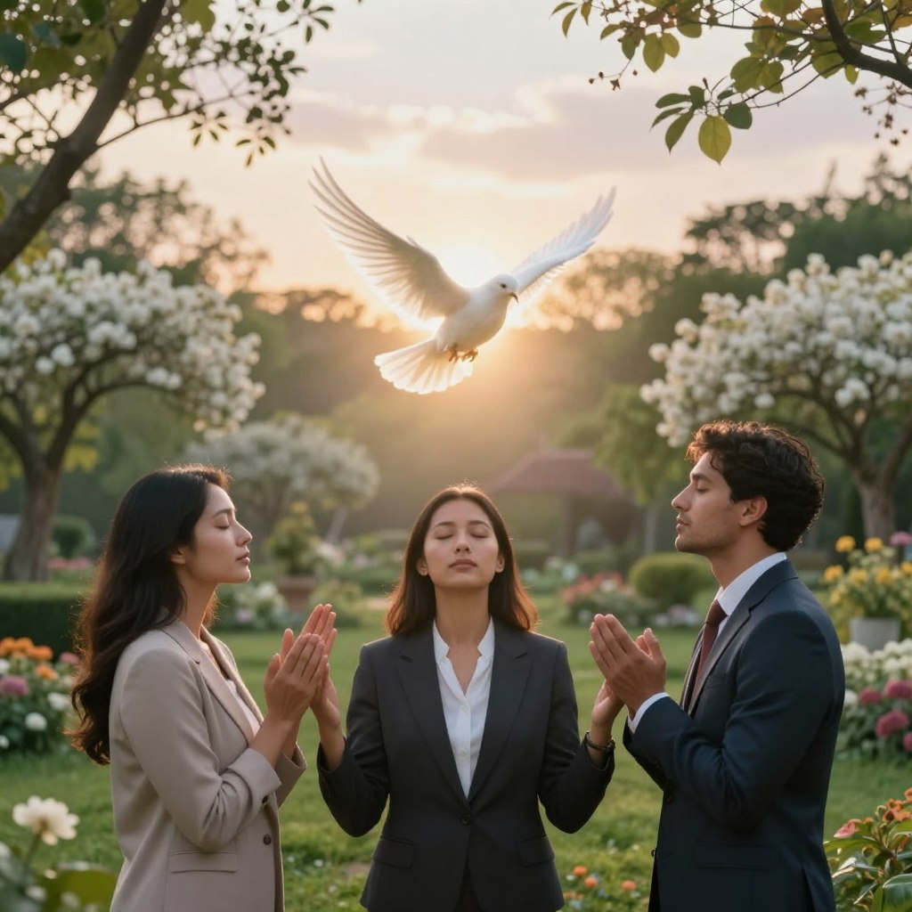 A serene and uplifting scene depicting the promise of the Holy Spirit's presence. In the foreground, a diverse group of three individuals—two men and one woman—dressed in professional attire, stand in a circle with their eyes closed, their hands raised in prayer and reflection. In the middle ground, soft, ethereal light emanates from a symbolic dove, representing the Holy Spirit, hovering gently above them, casting a warm glow on their faces. The background features a lush, peaceful garden with flowering trees and a radiant sky at dawn, symbolizing hope and renewal. The lighting is soft and radiant, enhancing the spiritual atmosphere. The focal length captures the subjects closely, while keeping the expansive beauty of the garden visible, creating a sense of tranquility and divine presence.