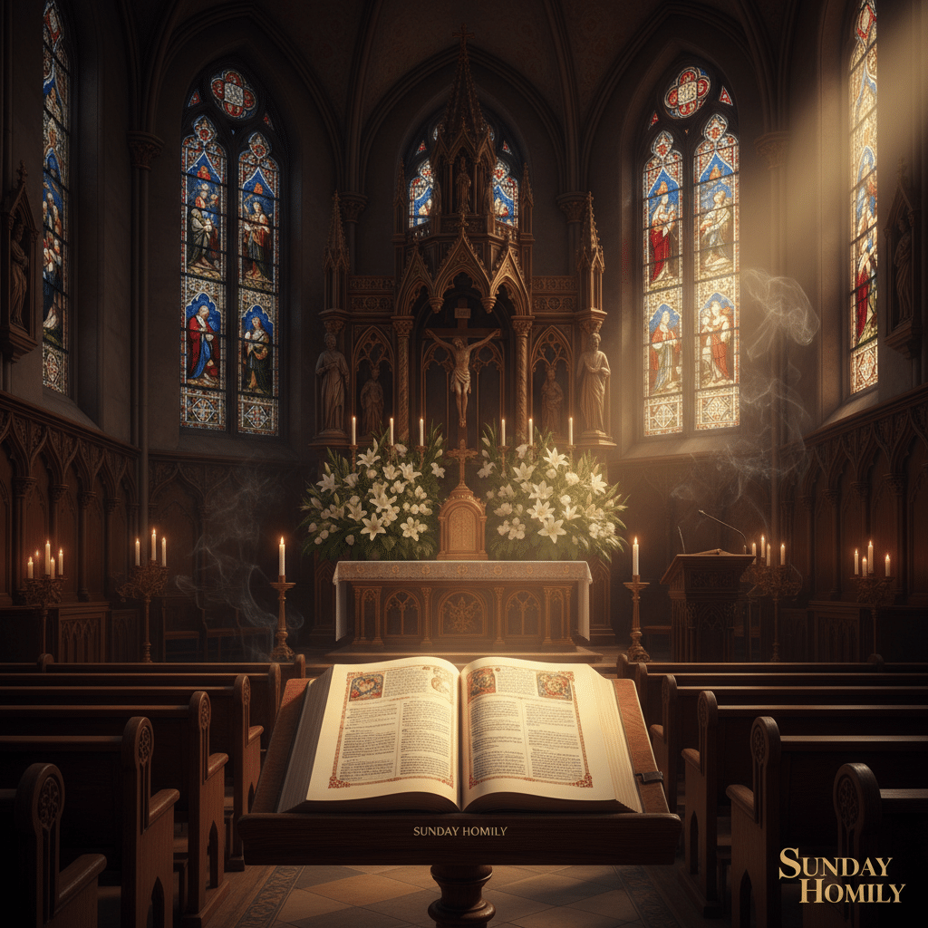 A serene church interior illuminated by soft, warm candlelight, with an ornate altar adorned with flowers. In the foreground, an open Bible rests on a polished wooden lectern, its pages displaying beautiful, historically inspired scriptural readings. A single beam of light highlights the text, creating a focal point for reflection. In the background, stained glass windows depict biblical scenes, casting colorful, gentle hues on the walls. The atmosphere exudes peace and reverence, inviting contemplation and prayer. A subtle hint of incense fills the air, enhancing the spiritual experience. Capture this moment in a wide-angle shot, emphasizing depth and warmth, suitable for the theme "Scriptural Foundations and Liturgical Readings" under the brand "Sunday Homily."