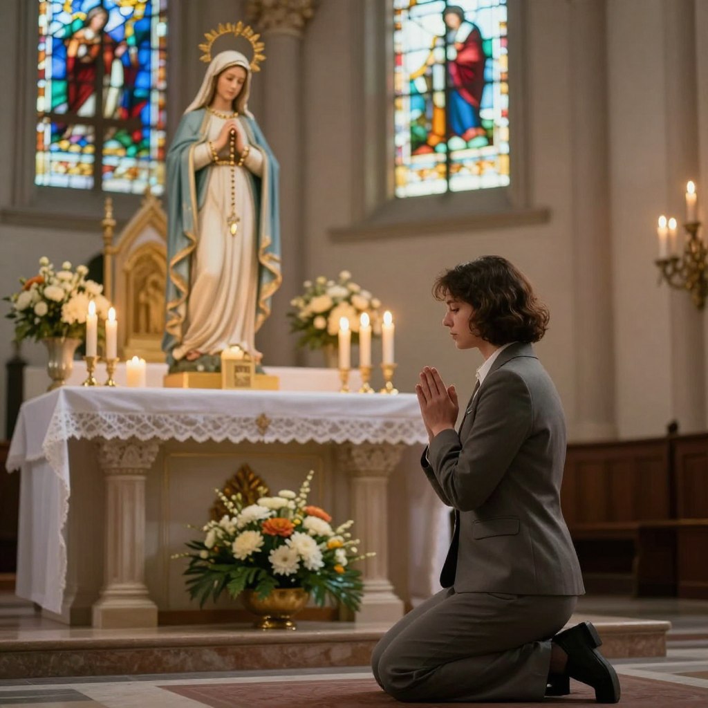 A serene depiction of Marian devotion featuring a radiant statue of the Virgin Mary holding the Holy Rosary, set in a softly illuminated church interior. In the foreground, a person kneels in prayer, dressed in modest, professional attire, with a contemplative expression reflecting deep faith and connection. The middle ground showcases a beautifully adorned altar with flickering candles and fresh flowers, symbolizing reverence. In the background, stained glass windows cast colorful light patterns, enhancing the tranquil atmosphere. The overall mood is one of peace and protection, with warm lighting creating a sacred sanctuary feel. Use a soft focus lens effect to emphasize the spiritual essence, capturing the transformative power of the Rosary as a shield in this intimate moment. A serene depiction of Marian devotion featuring a radiant statue of the Virgin Mary holding the Holy Rosary, set in a softly illuminated church interior. In the foreground, a person kneels in prayer, dressed in modest, professional attire, with a contemplative expression reflecting deep faith and connection. The middle ground showcases a beautifully adorned altar with flickering candles and fresh flowers, symbolizing reverence. In the background, stained glass windows cast colorful light patterns, enhancing the tranquil atmosphere. The overall mood is one of peace and protection, with warm lighting creating a sacred sanctuary feel. Use a soft focus lens effect to emphasize the spiritual essence, capturing the transformative power of the Rosary as a shield in this intimate moment.
