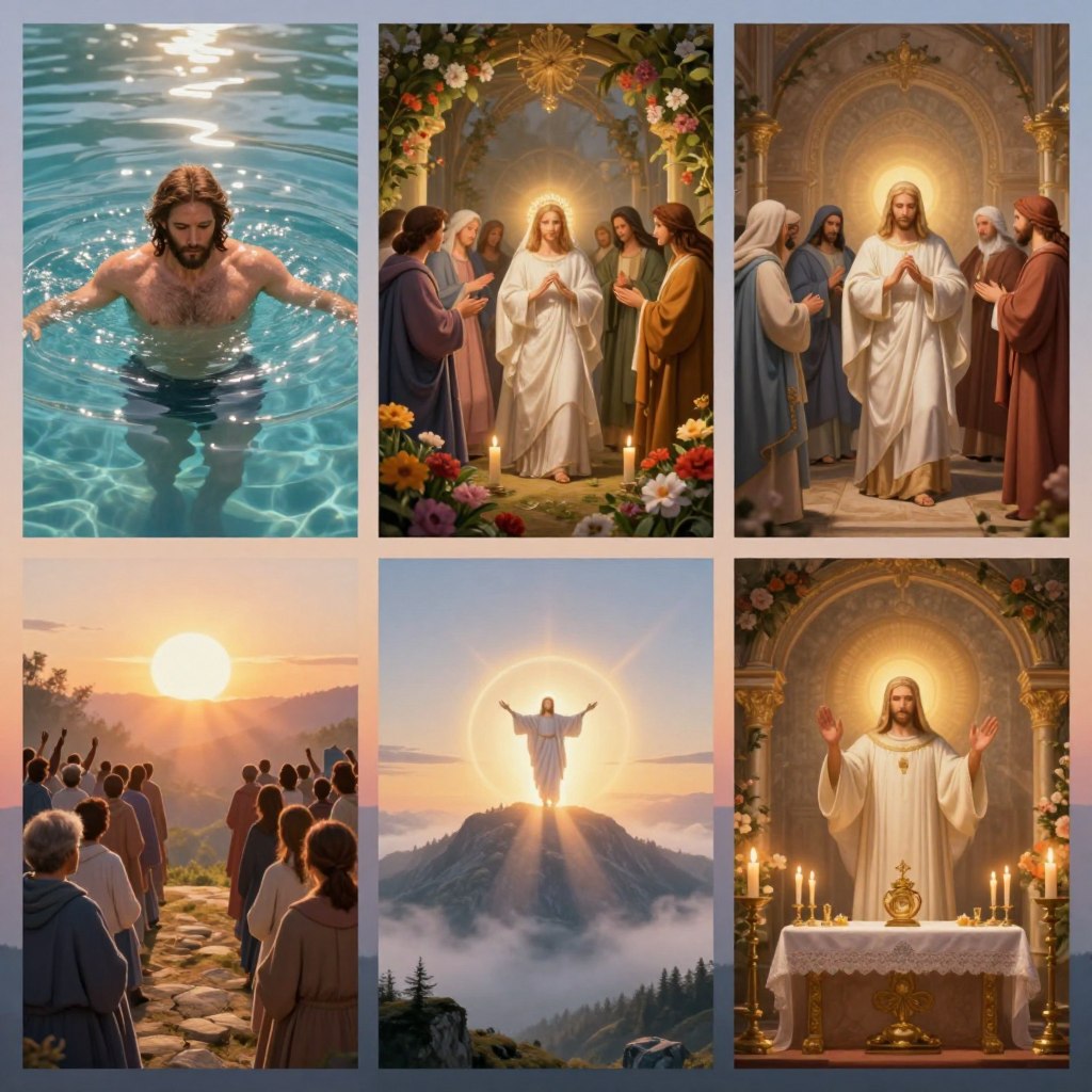 A serene depiction of the Luminous Mysteries of the Rosary, featuring five distinct vignettes in the foreground, each representing a mystery. The first vignette shows the Baptism of Jesus in the Jordan with soft blue water shimmering in the light. The second portrays the Wedding at Cana with a joyous celebration, surrounded by vibrant flowers. The third captures the Proclamation of the Kingdom of God with a radiant sun illuminating a crowd listening intently. The fourth depicts the Transfiguration, with Jesus glowing on a mountain, shrouded in mist. The final vignette illustrates the Institution of the Eucharist, showcasing a beautifully arranged altar with candles glowing warmly. The middle background is adorned with a gentle gradient of dusk, while the overall atmosphere is peaceful and uplifting, evoking a sense of spiritual illumination. Soft, warm lighting highlights each scene. A serene depiction of the Luminous Mysteries of the Rosary, featuring five distinct vignettes in the foreground, each representing a mystery. The first vignette shows the Baptism of Jesus in the Jordan with soft blue water shimmering in the light. The second portrays the Wedding at Cana with a joyous celebration, surrounded by vibrant flowers. The third captures the Proclamation of the Kingdom of God with a radiant sun illuminating a crowd listening intently. The fourth depicts the Transfiguration, with Jesus glowing on a mountain, shrouded in mist. The final vignette illustrates the Institution of the Eucharist, showcasing a beautifully arranged altar with candles glowing warmly. The middle background is adorned with a gentle gradient of dusk, while the overall atmosphere is peaceful and uplifting, evoking a sense of spiritual illumination. Soft, warm lighting highlights each scene.