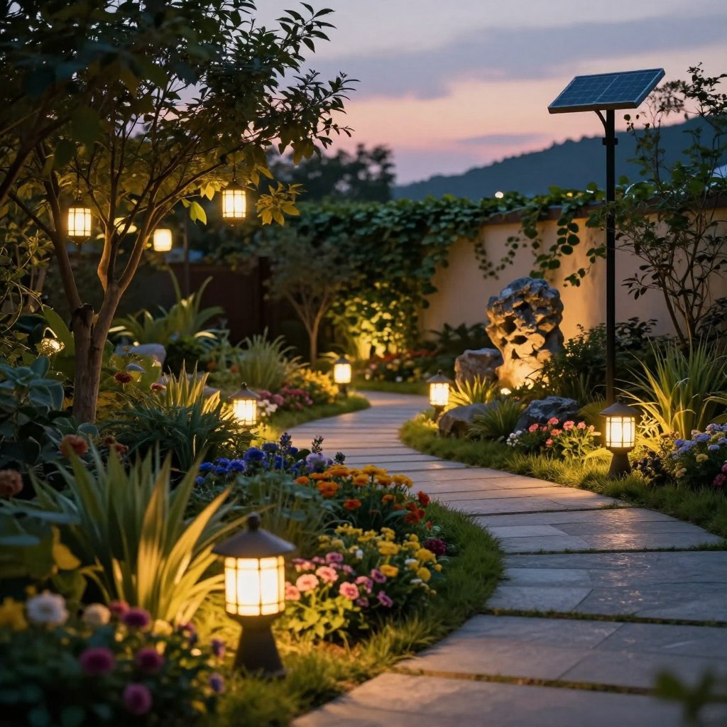 A serene evening garden scene showcasing an array of solar landscape lights illuminating lush greenery. In the foreground, soft, warm solar path lights cast a gentle glow along a winding stone pathway, accentuating vibrant flower beds filled with diverse blooms. In the middle ground, decorative lanterns hang from sturdy trees, creating a magical ambiance, while solar spotlighting highlights a tastefully arranged rock feature. The background features a softly lit garden wall intertwined with climbing vines, under a dusky, twilight sky filled with soft pastel colors. The overall mood is tranquil and inviting, perfect for a cozy outdoor gathering. The image should have a slight depth of field effect to emphasize the foreground lights while gently blurring the background.