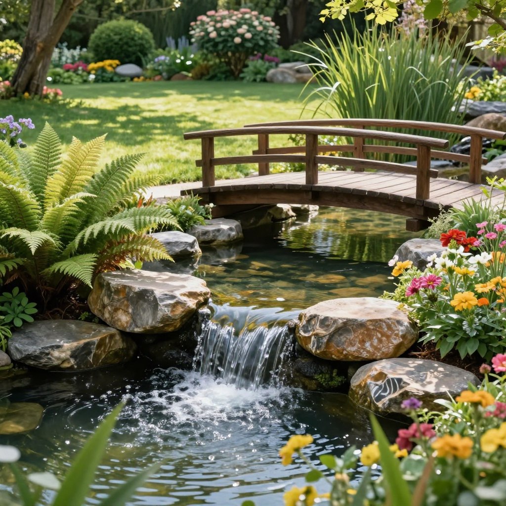 A serene garden featuring various water elements that create a relaxing atmosphere. In the foreground, a gently flowing miniature waterfall cascades over smooth stones into a clear pond surrounded by vibrant green ferns and colorful flowers. In the middle, a charming wooden bridge arches over the pond, inviting reflection and tranquility. Soft, diffused sunlight filters through the trees, casting dappled shadows on the lush grass. In the background, blooming shrubs and tall grasses frame the scene, enhancing the sense of privacy and seclusion. The overall mood is peaceful and rejuvenating, ideal for enjoying nature. The angle captures the beauty of the water features while ensuring a balanced composition.