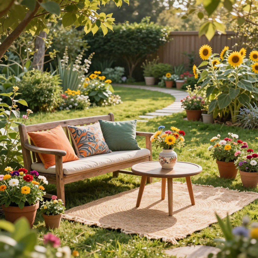 A serene garden scene showcasing cozy seating areas designed with budget-friendly furniture. In the foreground, a rustic wooden bench adorned with colorful throw pillows, surrounded by potted plants bursting with vibrant flowers. In the middle, a small, elegant table with a charming ceramic vase holding fresh blooms, and a woven rug that invites relaxation. The background features a lush green lawn dotted with leafy shrubs and sunflowers, with a soft, inviting pathway leading through the garden. The scene is illuminated by warm, golden sunlight filtering through the leaves, casting gentle shadows. The atmosphere is tranquil and inviting, perfect for outdoor gatherings. Shot from a slightly elevated angle to capture depth and the overall layout of the garden.