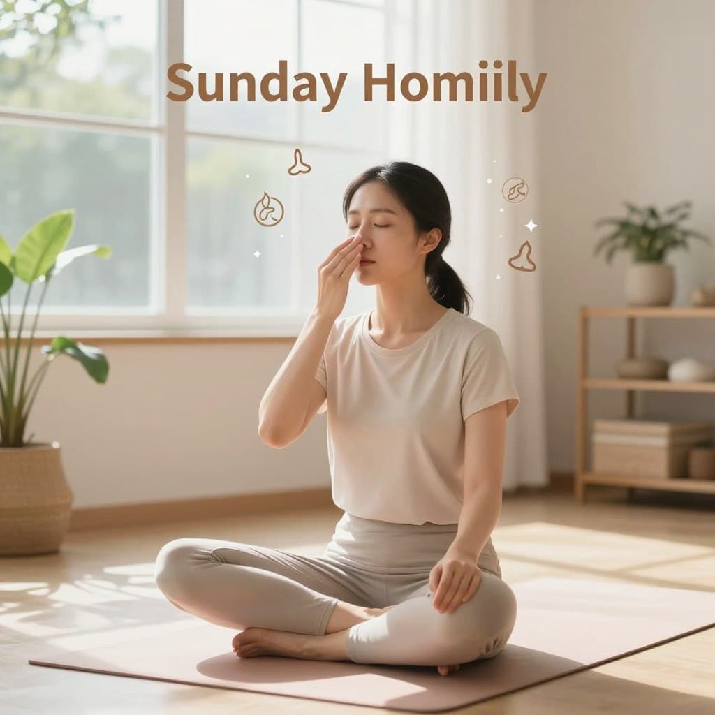 A serene indoor meditation space, featuring a professional woman in comfortable, modest clothing, practicing the 4-7-8 deep breathing technique. She sits cross-legged on a soft yoga mat, with one hand gently closing her left nostril while she exhales through the right. Soft natural light filters through a large window, creating a peaceful atmosphere. In the background, indoor plants and calming decor enhance the tranquility. A subtle representation of the benefits of deep breathing—like floating symbols of peace and relaxation—hovers around her. The mood is soothing and inviting, suggesting calmness and relief from stress. Emphasize the name "Sunday Homily" subtly integrated into the room's atmosphere, perhaps on a decorative item. Capture the essence of relaxation and restorative sleep through soft colors and gentle shadows.