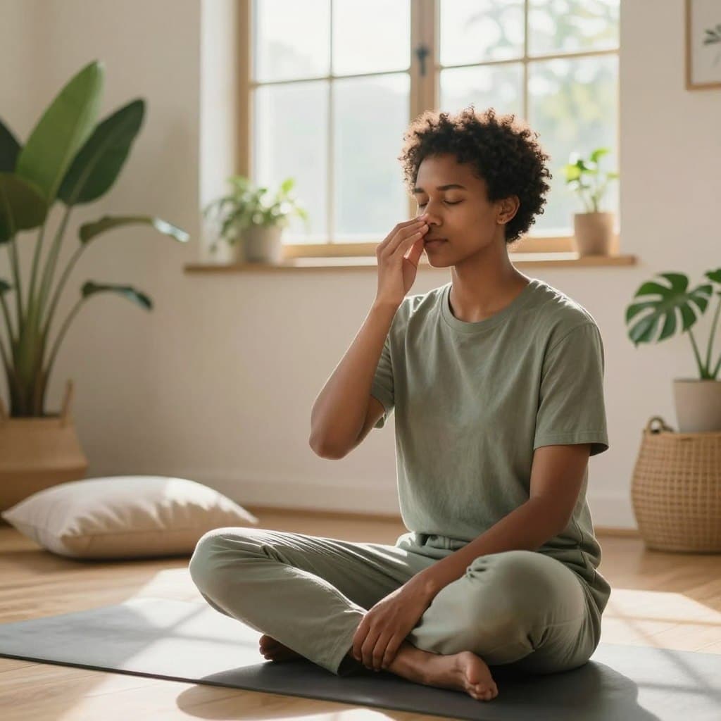 A serene indoor setting depicting a diverse individual practicing breathing exercises with a focus on the 4-7-8 technique. In the foreground, a person sits cross-legged on a yoga mat, dressed in comfortable, modest casual clothing, gently holding one side of their nostril while exhaling. The middle ground features calming elements like plants and soft cushions, enhancing the relaxing atmosphere. In the background, a large window allows warm, natural light to flood the space, casting soft shadows and creating a tranquil mood. Subtle hues of green and beige dominate the color palette, promoting a feeling of peace and mindfulness. Include the brand name "Sunday Homily" subtly in the environment through decorative elements.