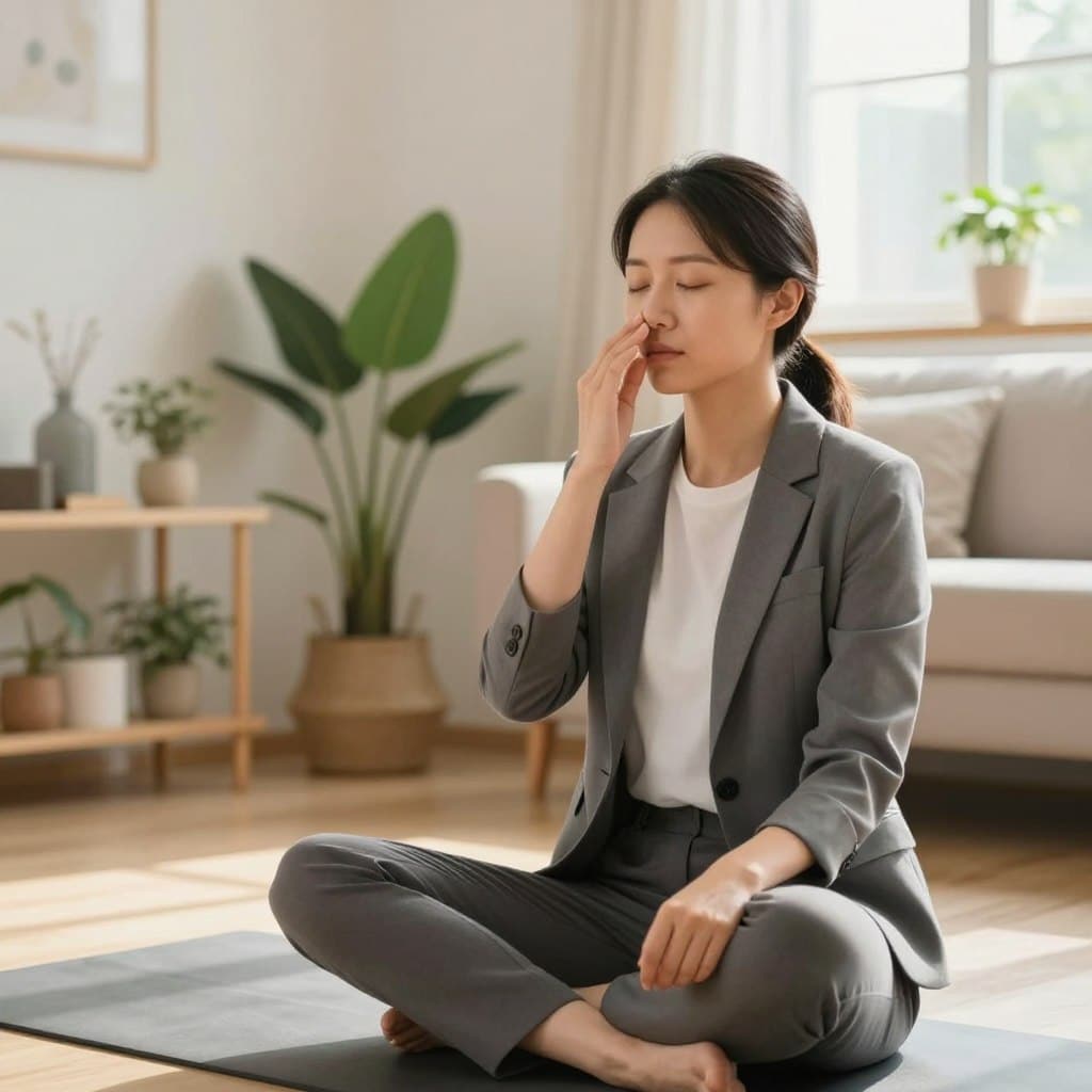 A serene indoor setting showcasing a person practicing the 4-7-8 breathing technique. In the foreground, a focused individual dressed in professional business attire sits comfortably on a yoga mat, gently holding one side of their nostril with their thumb, while their eyes are closed and a look of calmness and concentration is evident on their face. The middle ground features a softly lit, peaceful room with an assortment of plants and calming decor, promoting tranquility. In the background, natural light streams through a window, creating a warm, inviting atmosphere. The overall mood should be one of relaxation and introspection, symbolizing the art of mindful breathing. The brand name "Sunday Homily" should be subtly integrated into the decor, reinforcing the theme of wellness.