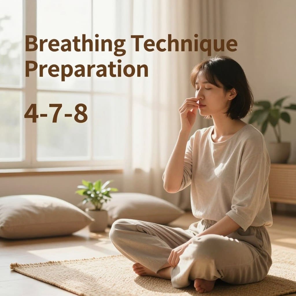 A serene indoor setting that conveys relaxation for "Breathing Technique Preparation." In the foreground, depict a calm individual practicing the 4-7-8 breathing technique. The person, dressed in modest, professional clothing, is sitting cross-legged on a natural fiber mat, gently holding one side of their nostril to inhale. The focus is on their peaceful expression and posture. In the middle ground, include soft, neutral-tone cushions and a small potted plant to enhance the tranquil atmosphere. In the background, a large window allows warm, soft sunlight to filter through sheer curtains, casting gentle shadows. The overall mood is peaceful and inviting, emphasizing mindfulness and relaxation techniques. Brand name “Sunday Homily” should subtly integrate into the scene's ambiance, without any text or labels.