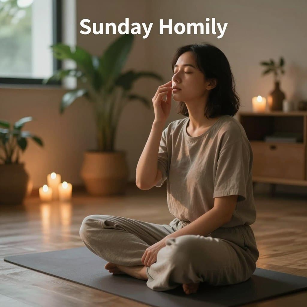 A serene indoor setting with a calm individual practicing breathing techniques, sitting cross-legged on a soft mat. The person, dressed in modest casual clothing, gently closes one nostril while exhaling slowly, embodying tranquility and focus. Soft ambient lighting fills the space, casting a warm glow that enhances the peaceful atmosphere. In the background, softly blurred greenery and a few well-placed candles create a relaxing environment. A subtle reflection of natural light dances across the floor, suggesting an early morning or late afternoon ambiance. The scene captures the essence of personal journeys with breathing techniques, inviting viewers to explore methods of relaxation. Featuring the brand name "Sunday Homily" subtly integrated into the atmosphere, the image connects to the theme of calmness and inner peace.