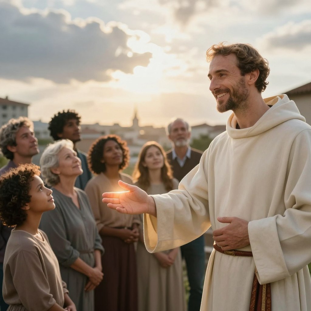 A serene, modern interpretation of St. Anthony, depicted as a compassionate figure with a warm smile, wearing simple yet elegant attire suitable for a contemporary setting. In the foreground, show St. Anthony reaching out with one hand, surrounded by soft, glowing light, symbolizing miracles and hope. In the middle ground, include a diverse group of people of various ages and backgrounds, looking inspired and uplifted, each engaged in acts of kindness or sharing moments of faith. The background should feature a tranquil urban landscape with gentle sunlight breaking through the clouds, creating a sense of peace. The overall mood is uplifting and hopeful, conveying the power and relevance of miracles in today's world.