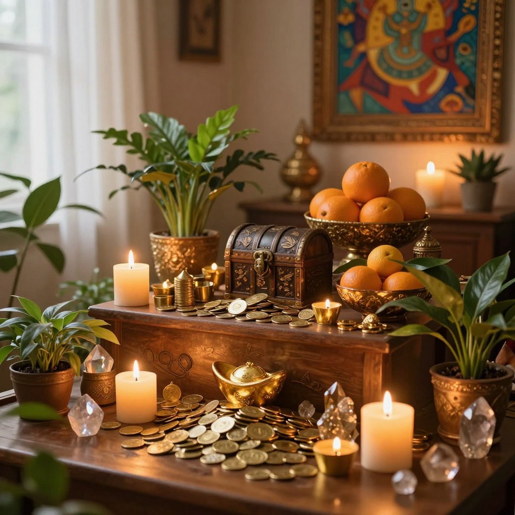 A serene "money space" filled with elements of abundance and prosperity. In the foreground, a wooden table adorned with golden candles flickering gently, surrounded by lush green plants and small crystals glistening in the candlelight. The middle layer features a beautifully arranged altar, displaying vibrant symbols of wealth such as coins, a treasure chest, and a bowl of fresh oranges, representing prosperity. In the background, a softly lit room with ornate decorations, including vivid artwork that evokes feelings of abundance, and warm glowing light filtering through sheer curtains. The atmosphere is calm and inviting, promoting a mindset of openness and abundance, captured with a soft focus lens to enhance the ethereal quality. The composition aims to inspire tranquility and a sense of sacredness in the space dedicated to wealth rituals.