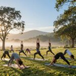 A serene morning scene featuring an outdoor yoga practice, embodying the essence of a Vinyasa flow. In the foreground, a diverse group of individuals in comfortable, modest athletic wear are demonstrating various dynamic yoga poses—such as downward dog, warrior II, and tree pose. The middle ground displays a peaceful grassy area surrounded by soft morning light filtering through gentle trees, creating an ambiance of tranquility and vitality. In the background, there are rolling hills and a clear blue sky that conveys freshness and energy. The lighting is warm and inviting, evoking a sense of calm and rejuvenation. The overall atmosphere should inspire feelings of focus and peace, perfect for enhancing vitality and reducing stress.