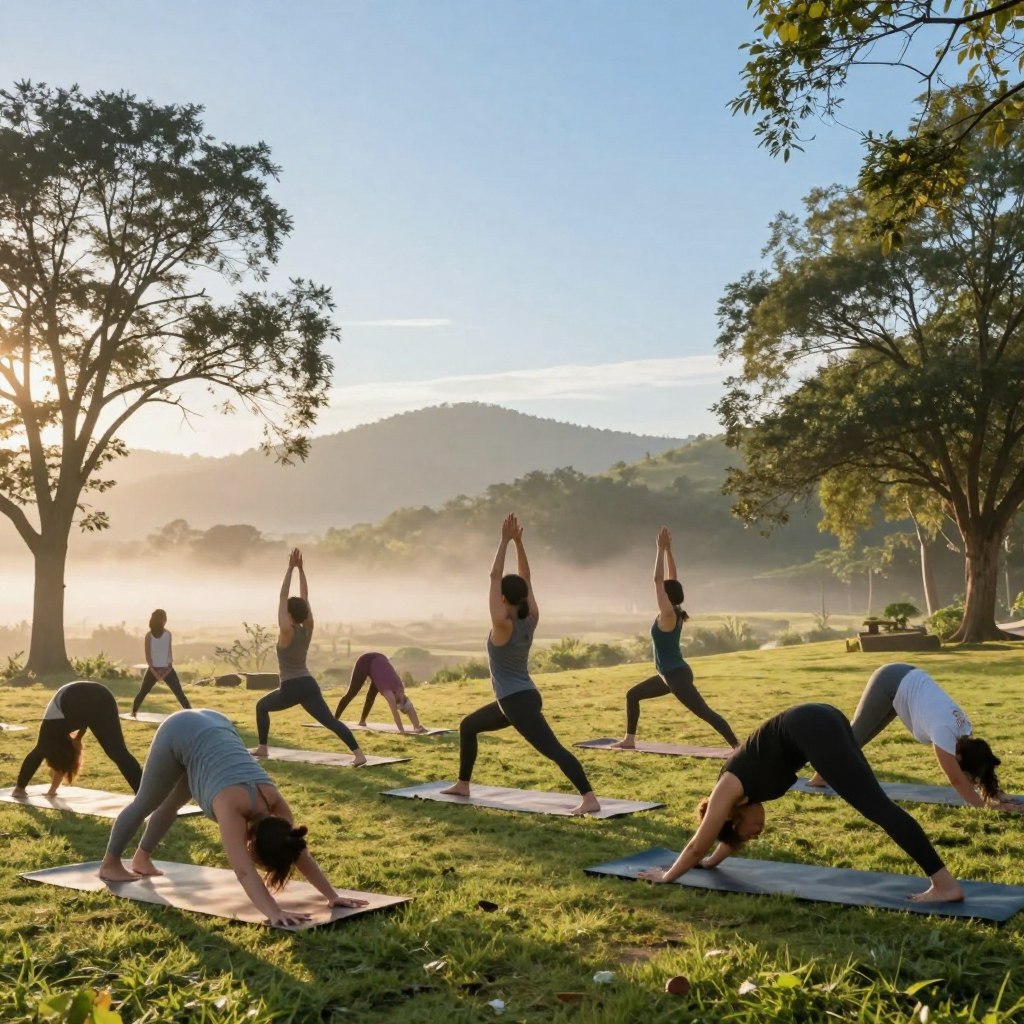 A serene morning scene featuring an outdoor yoga practice, embodying the essence of a Vinyasa flow. In the foreground, a diverse group of individuals in comfortable, modest athletic wear are demonstrating various dynamic yoga poses—such as downward dog, warrior II, and tree pose. The middle ground displays a peaceful grassy area surrounded by soft morning light filtering through gentle trees, creating an ambiance of tranquility and vitality. In the background, there are rolling hills and a clear blue sky that conveys freshness and energy. The lighting is warm and inviting, evoking a sense of calm and rejuvenation. The overall atmosphere should inspire feelings of focus and peace, perfect for enhancing vitality and reducing stress.