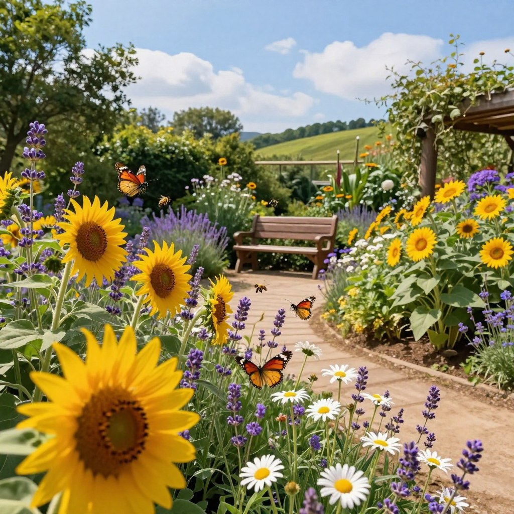 A serene pollinator sanctuary bustling with life, featuring a variety of vibrant flowers like sunflowers, lavender, and daisies in full bloom. In the foreground, colorful butterflies and honeybees flit about, showcasing their role in pollination. The middle ground reveals a charming wooden bench surrounded by lush greenery, inviting visitors to relax and observe nature. In the background, a softly rolling landscape with a clear blue sky and wispy clouds creates a tranquil atmosphere. Emphasize warm, natural lighting that casts gentle shadows, enhancing the colors of the flowers. Capture the scene from a slightly elevated angle to include the entire sanctuary, evoking a sense of harmony and peace in this eco-friendly garden haven.