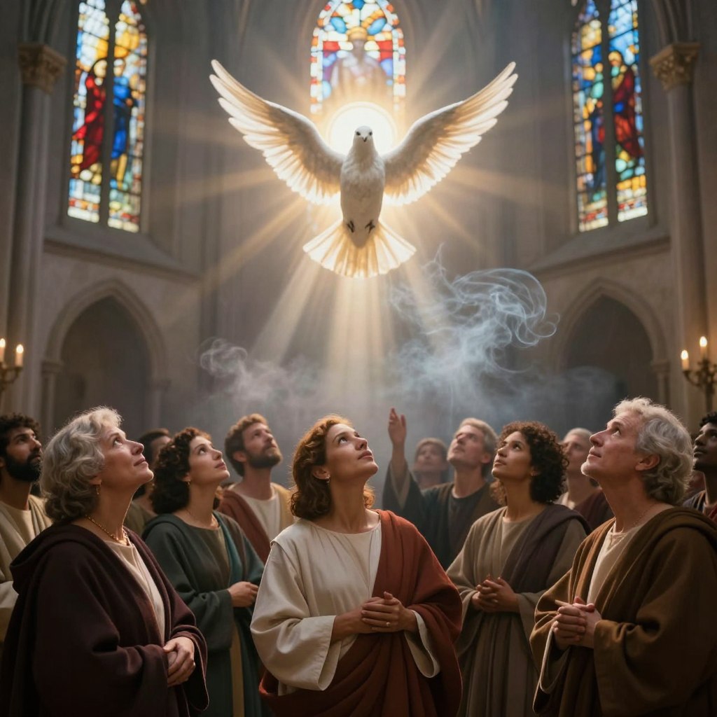 A serene scene depicting the descent of the Holy Spirit during Pentecost. In the foreground, a diverse group of modestly dressed individuals, including men and women of various ages and ethnicities, gaze upward with expressions of awe and reverence. In the middle, a radiant dove symbolizes the Holy Spirit, illuminated by soft, ethereal light as it descends from above, surrounded by vibrant beams of light and wisps of smoke. In the background, a subtle representation of a historic church setting, with stained glass windows softly glowing in warm hues. The atmosphere is one of divine presence and spiritual renewal, softly lit to evoke a sense of peace and enlightenment. The scene captures the transformative moment that the Holy Spirit enters, emphasizing both reverence and unity.