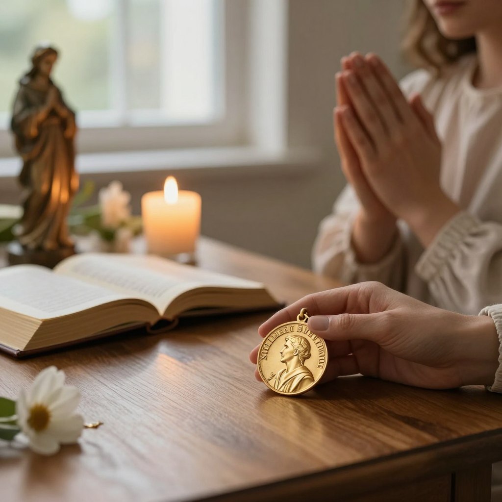 A serene, softly lit interior scene showcasing the practical use of a St. Benedict medal. In the foreground, a polished wooden table holds a small, open prayer book alongside the St. Benedict medal, which catches the light with its intricate details, reflecting an aura of protection. A pair of hands, clad in modest attire, gently holds the medal in prayer. In the middle ground, a flickering candle casts warm, golden light, illuminating a peaceful prayer space adorned with fresh flowers and a small statue of St. Benedict. The background features a softly blurred window with natural light streaming in, creating an inviting and contemplative atmosphere. The overall mood is tranquil and spiritually uplifting, emphasizing the medal's protective qualities against evil spirits.