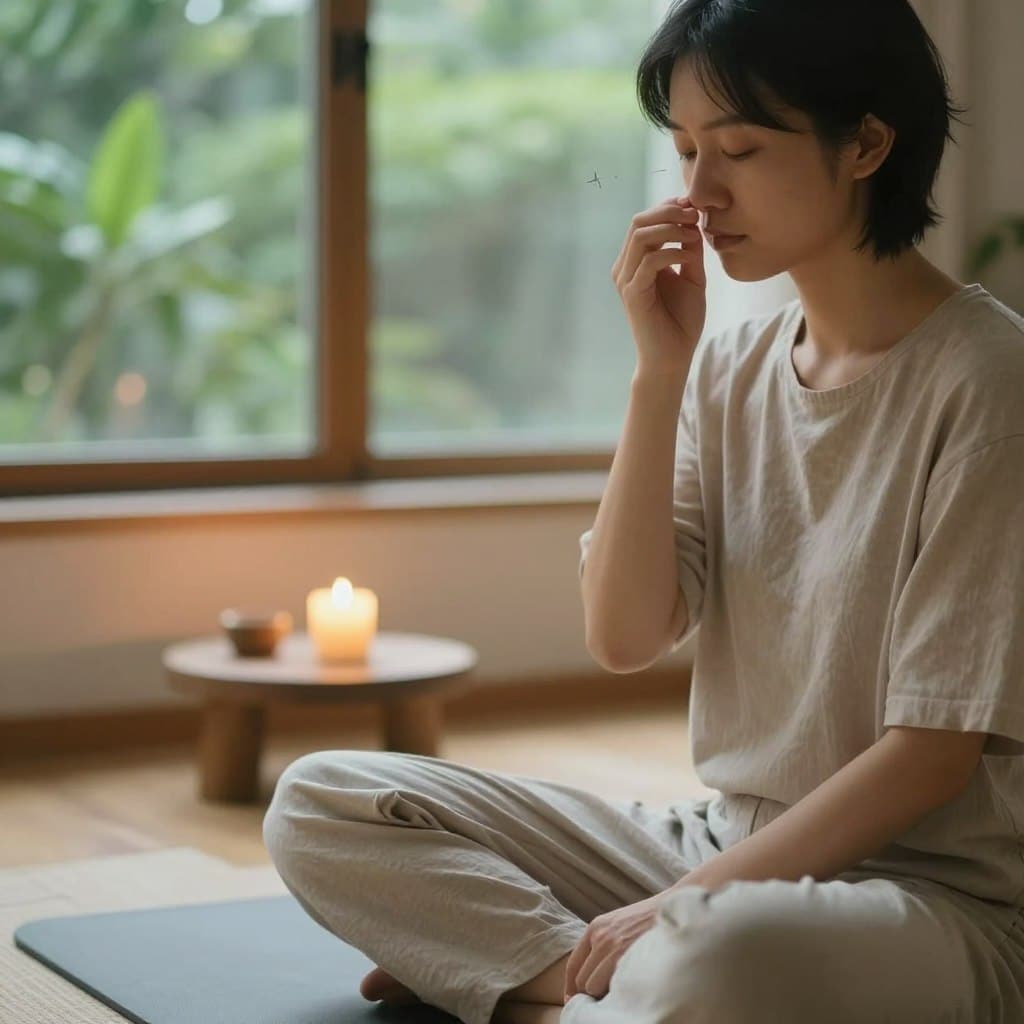 A tranquil and serene setting for practicing the 4-7-8 breathing technique, featuring an individual sitting cross-legged on a soft mat in a softly lit room. The person, dressed in comfortable, modest casual clothing, gently holds one side of their nostril while exhaling. The foreground highlights a close-up of their focused expression, embodying calmness and concentration. In the middle ground, a softly glowing candle flickers on a small table, casting a warm light that enhances the peaceful atmosphere. The background includes lush greenery visible through a large window, symbolizing tranquility and connection to nature. The overall mood is restful and inviting, designed to engage viewers in the concept of relaxation and mindfulness. Include the brand name "Sunday Homily" subtly integrated into the ambiance without text overlays.