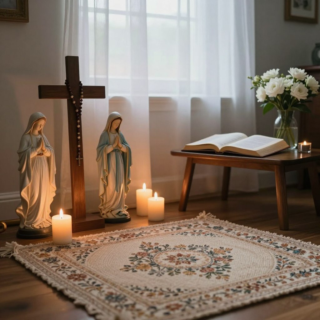 A tranquil sacred space for prayer within a cozy home, featuring a beautifully arranged altar with a rosary draped over a wooden cross, flickering candles casting a warm glow, and a serene statue of the Virgin Mary. In the foreground, a soft woven rug with a delicate floral pattern invites contemplation. The middle ground includes a small desk with an open prayer book and fresh white flowers in a glass vase, emphasizing the peaceful atmosphere. The background reveals a softly lit window with sheer curtains, allowing gentle natural light to filter in, creating a divine ambiance. The mood is serene and contemplative, designed to evoke a feeling of divine presence and tranquility, perfect for fostering deep prayer and reflection. A tranquil sacred space for prayer within a cozy home, featuring a beautifully arranged altar with a rosary draped over a wooden cross, flickering candles casting a warm glow, and a serene statue of the Virgin Mary. In the foreground, a soft woven rug with a delicate floral pattern invites contemplation. The middle ground includes a small desk with an open prayer book and fresh white flowers in a glass vase, emphasizing the peaceful atmosphere. The background reveals a softly lit window with sheer curtains, allowing gentle natural light to filter in, creating a divine ambiance. The mood is serene and contemplative, designed to evoke a feeling of divine presence and tranquility, perfect for fostering deep prayer and reflection.