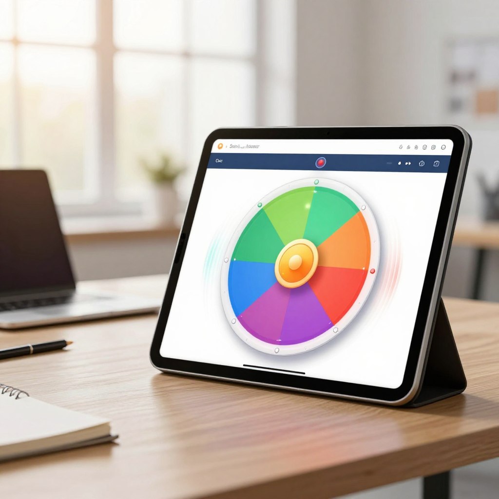 A vibrant and engaging spin wheel application interface displayed on a sleek tablet, set against a modern workspace background. In the foreground, the spin wheel is designed with colorful segments, bright visuals, and animated effects, including dynamic sparkles and motion lines to suggest spinning action. The middle ground features a softly blurred desk with professional accessories like a laptop and notepad, creating a sense of practical use. The background showcases a bright, airy office environment with large windows casting warm, natural light, enhancing the cheerful and dynamic mood. The overall atmosphere feels modern and inviting, perfect for an innovative tech article. Ensure the image remains clean, professional, and free of any text or branding elements.