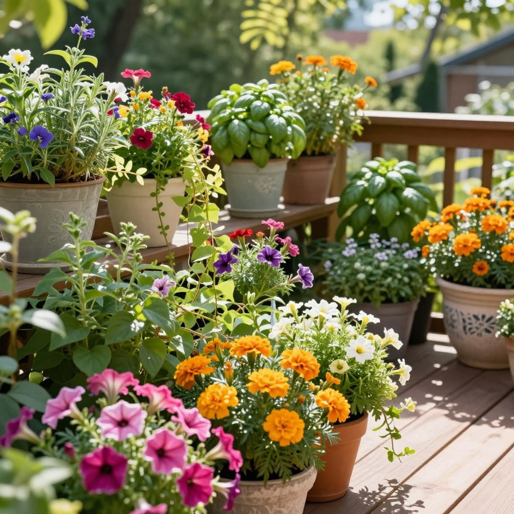 A vibrant container garden filled with a variety of colorful flowers and lush greenery, arranged in decorative pots of varying sizes and shapes. In the foreground, close-ups of bright petunias, cheerful marigolds, and cascading vines create a lush tapestry of colors. The middle ground features an inviting wooden patio or balcony with neatly arranged containers, some with herbs like basil and rosemary. In the background, soft sunlight filters through trees, casting gentle shadows that create a warm and cheerful atmosphere. The scene is shot at a slight upward angle, emphasizing the vertical growth of the plants and the delightful chaos of colors. The overall mood is refreshing and inviting, showcasing the beauty and creativity of container gardening for instant outdoor elegance.