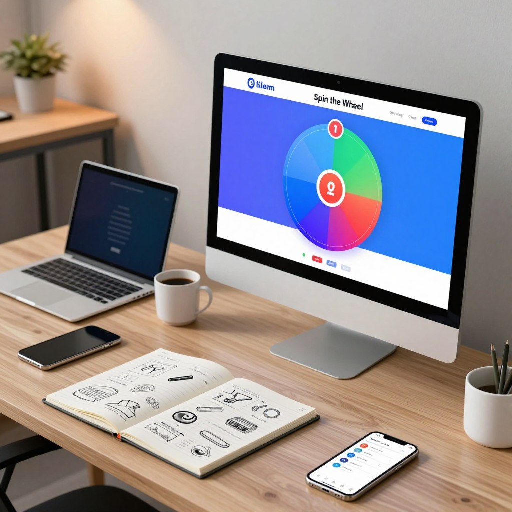 A vibrant digital workspace showcasing the concept of creating a "Spin the Wheel" website. In the foreground, a sleek computer monitor displays a colorful wheel interface, glistening with bright segments in shades of blue, green, and red. On the desk, there's a notepad filled with sketches and notes about design tools, alongside a modern laptop and a smartphone displaying a wireframe app. The middle-ground features a well-organized workspace with a few tech gadgets, including a tablet and a coffee cup, suggesting productivity. In the background, a minimalist office environment with soft, ambient lighting creates a professional atmosphere. The scene is shot from a slightly elevated angle to emphasize the workspace dynamics, conveying a mood of creativity and innovation.