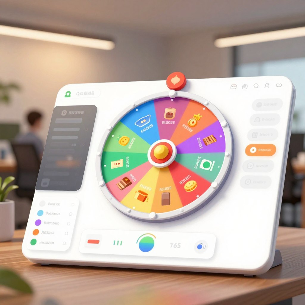 A vibrant, interactive spin wheel tool on a sleek, modern digital interface, set against a soft-focus office background. The spin wheel, crafted with colorful segments, displays various prizes and options, rotating dynamically to engage users. In the foreground, faint outlines of user-friendly controls and customization settings are subtly visible, hinting at interactive features like color selection and text input. Warm, inviting lighting enhances the scene, with a slight spotlight effect on the wheel, creating an engaging atmosphere. The overall composition captures the essence of a lively, user-centered web application, aimed to excite and invite customization for everyone. The angle is slightly elevated to showcase the wheel prominently, while maintaining a sense of depth in the background.