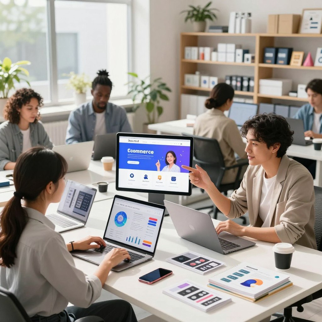 A vibrant, modern workspace featuring a diverse group of professionals engaged in e-commerce tasks. In the foreground, a young woman in professional attire is analyzing sales data on a laptop, while a man in business casual is discussing ideas with her, surrounded by product samples and AI tools displayed on the table. In the middle ground, a digital tablet shows a vibrant e-commerce website with visually appealing graphics and interactive elements. The background features shelves filled with various products, and a large window letting in bright, natural light, casting soft shadows throughout the room. The atmosphere is energetic and collaborative, embodying innovation and the future of online business. The scene is captured with a wide-angle lens for a dynamic perspective.