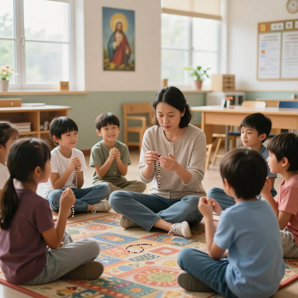 A warm and inviting scene set in a tastefully decorated classroom filled with soft, natural light streaming through large windows. In the foreground, a kind-looking adult, dressed in modest casual clothing, sits on a colorful rug surrounded by a diverse group of enthusiastic children, aged 5 to 10, each holding a rosary. The adult passionately demonstrates how to pray the Rosary, guiding the children’s hands with gentle gestures. In the middle ground, there are wall decorations featuring inspiring religious imagery and educational materials about the Rosary. The atmosphere conveys a sense of serenity, hope, and connection, with soft focus applied to the background to emphasize the engagement between the teacher and the children. The lens captures a slightly elevated angle, highlighting the warm interaction and the spiritual essence of the moment. A warm and inviting scene set in a tastefully decorated classroom filled with soft, natural light streaming through large windows. In the foreground, a kind-looking adult, dressed in modest casual clothing, sits on a colorful rug surrounded by a diverse group of enthusiastic children, aged 5 to 10, each holding a rosary. The adult passionately demonstrates how to pray the Rosary, guiding the children’s hands with gentle gestures. In the middle ground, there are wall decorations featuring inspiring religious imagery and educational materials about the Rosary. The atmosphere conveys a sense of serenity, hope, and connection, with soft focus applied to the background to emphasize the engagement between the teacher and the children. The lens captures a slightly elevated angle, highlighting the warm interaction and the spiritual essence of the moment.