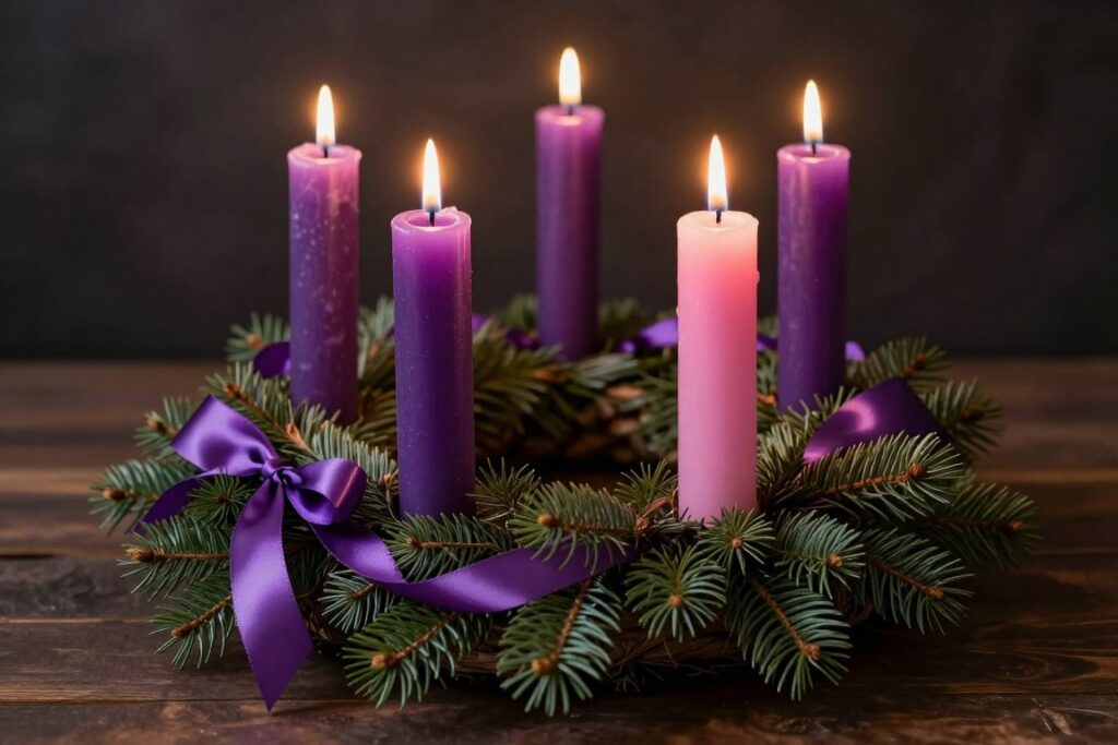 Advent wreath with purple candles and evergreen branches