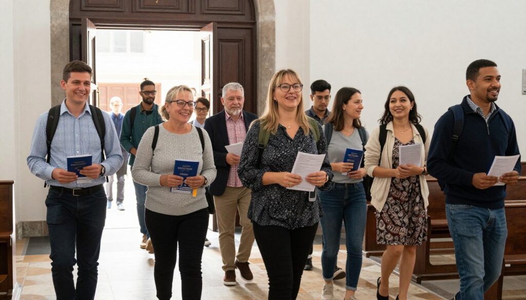 Catholics leaving church after Sunday Mass with joyful expressions