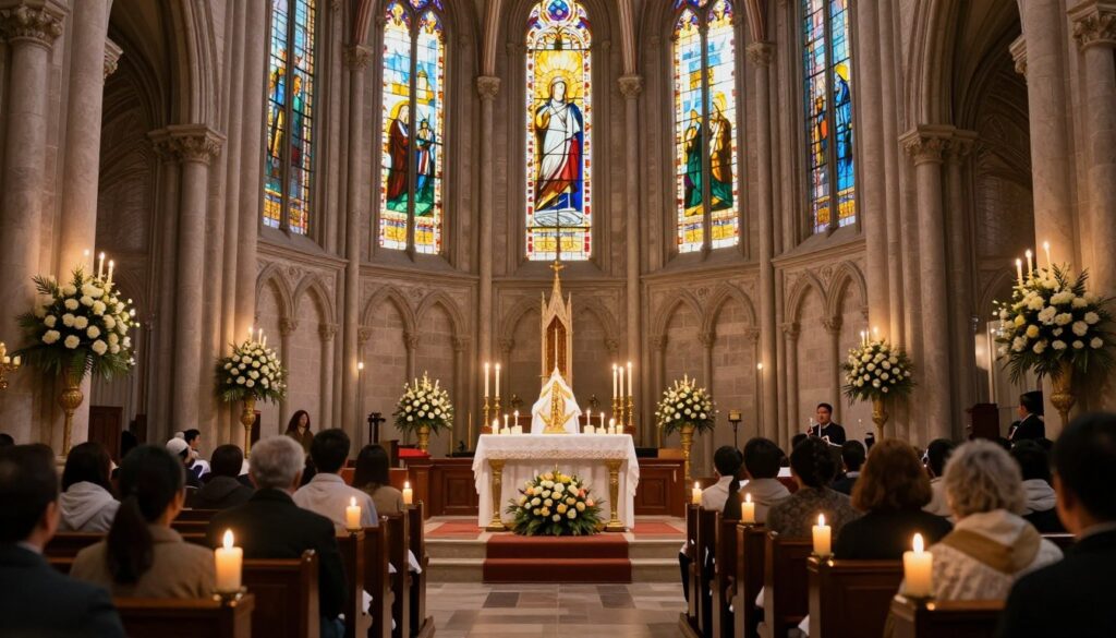 Church interior decorated for special feast day celebration