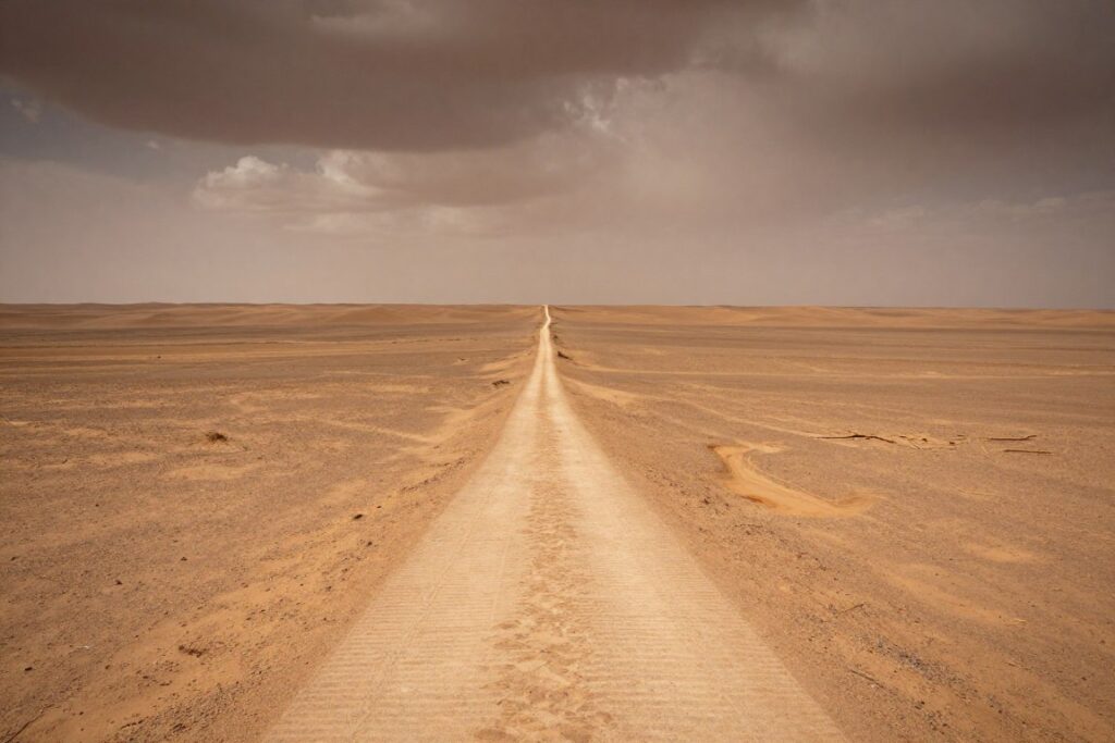 Desert landscape with single path representing Lenten journey
