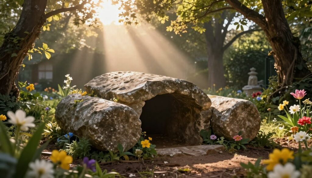 Easter sunrise over empty tomb with rolled away stone