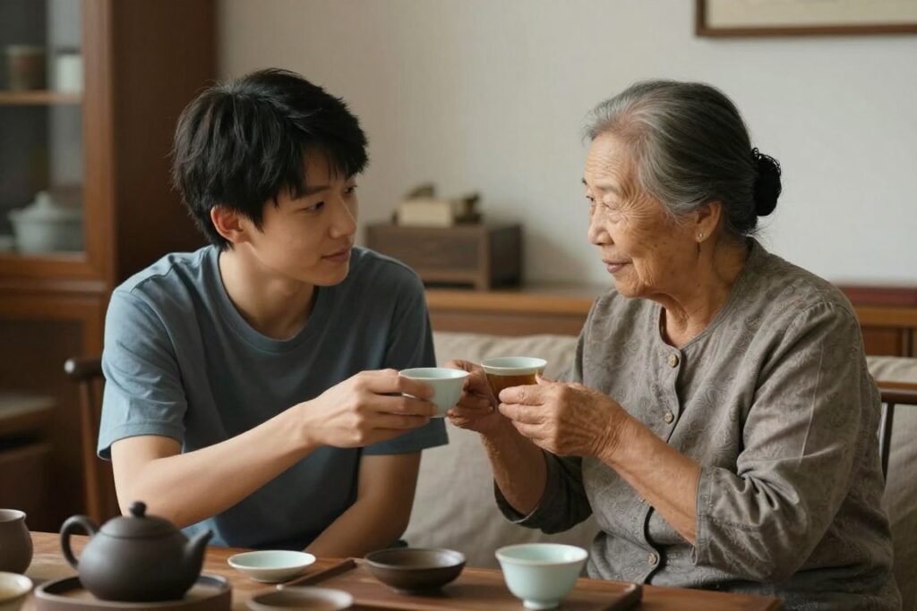 Elderly woman and young person sharing tea and conversation