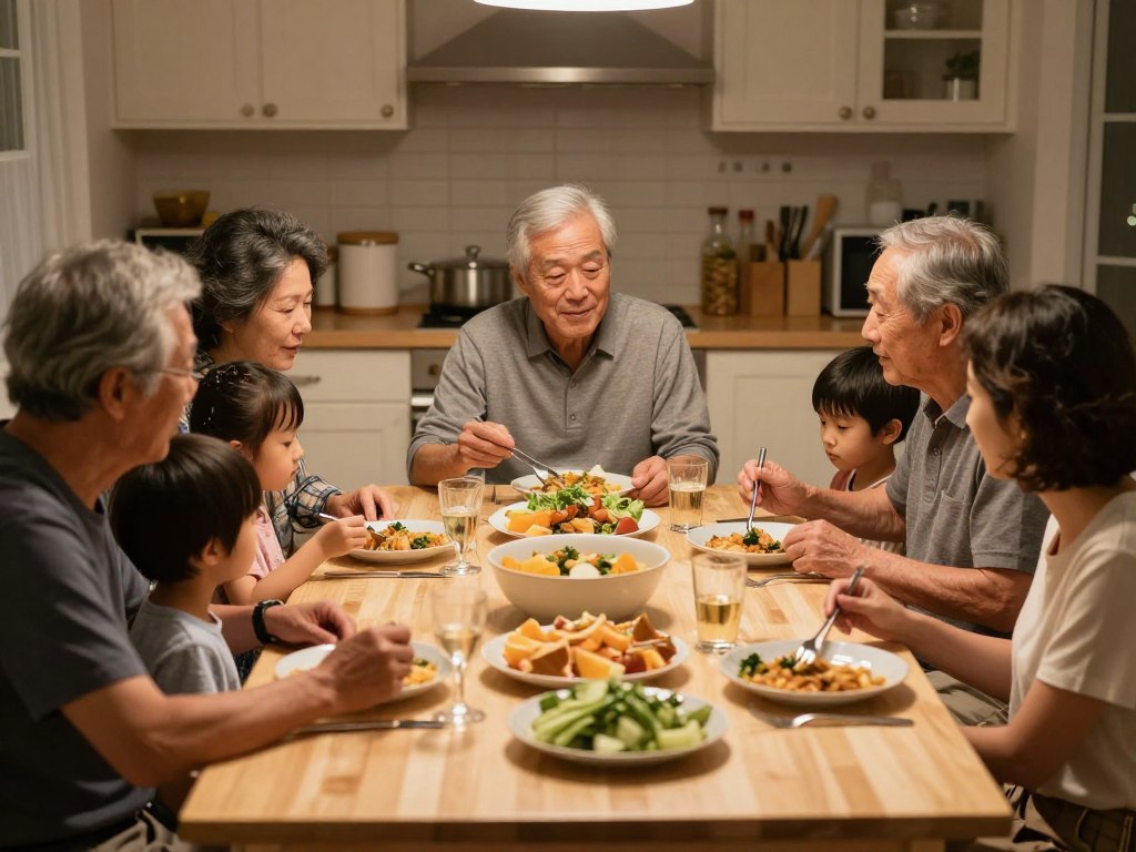 Family sharing ordinary meal together around dinner table