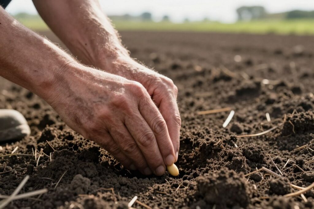 Farmer planting seeds in fertile soil representing trust and faith