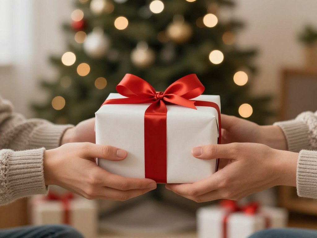 Hands exchanging wrapped gifts symbolizing generosity and love