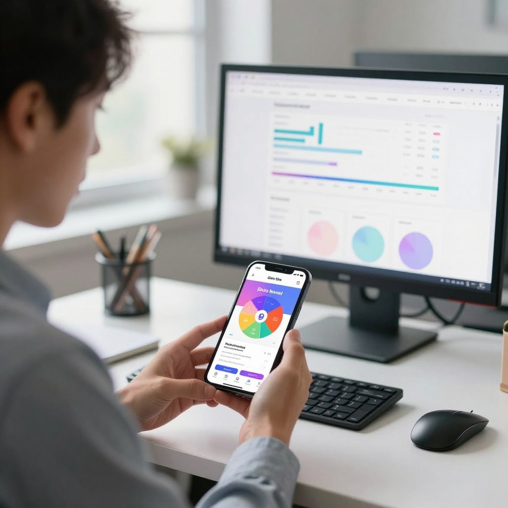 In a modern office space, a focused young professional in business attire is sitting at a sleek desk, intently working on a smartphone displaying a vibrant Spin the Wheel website. The foreground highlights the device, showcasing optimized graphics and an interactive interface designed for mobile users. In the middle ground, a second monitor illuminates the workspace with detailed analytics, emphasizing user engagement metrics. The background captures a window with soft natural light streaming in, creating a bright and airy atmosphere. The overall mood is one of productivity and innovation, illustrating the importance of mobile optimization in web design. A shallow depth of field enhances the clarity of the smartphone, drawing attention to the digital content while softly blurring the surroundings.