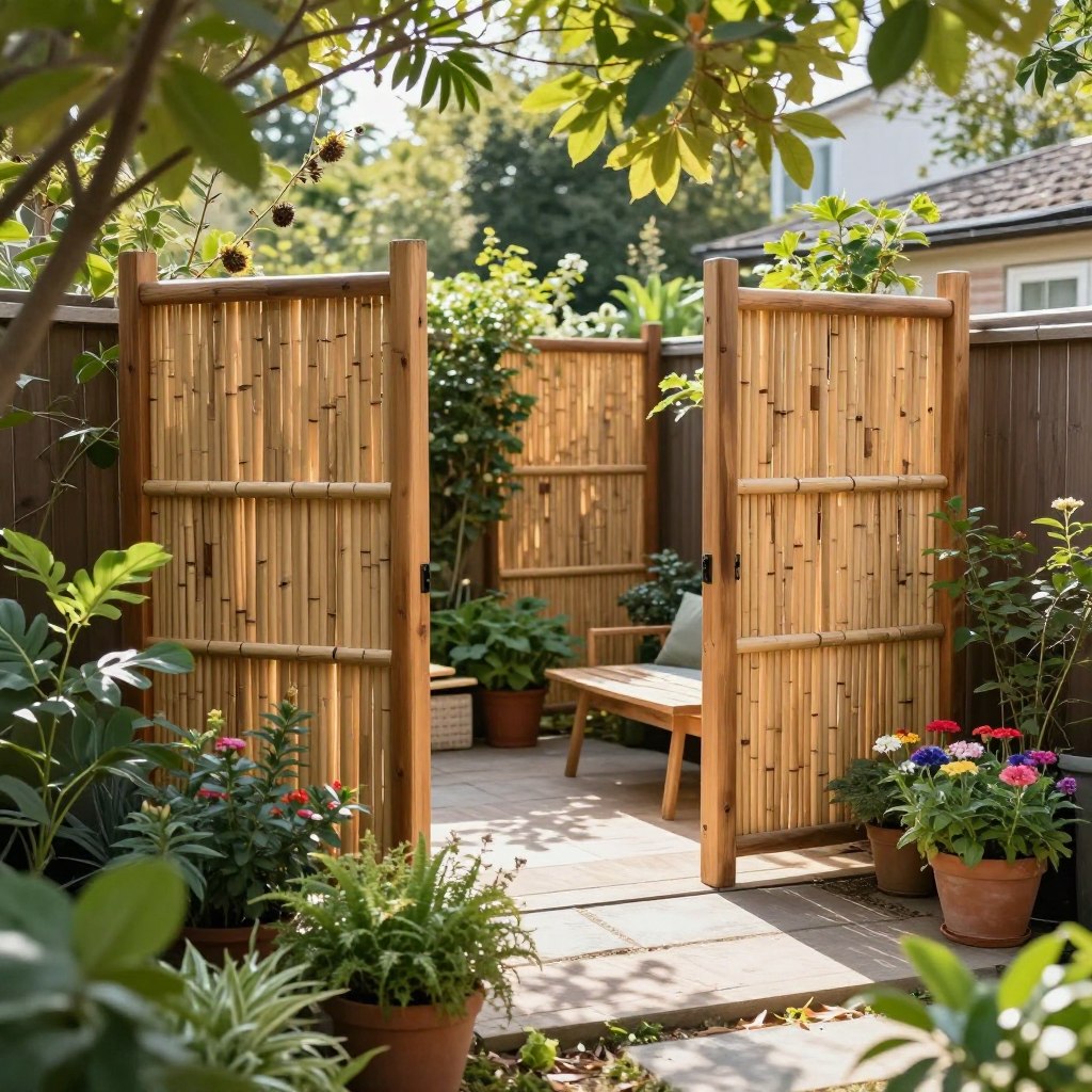 In a tranquil backyard setting, showcase a beautifully landscaped space featuring elegant privacy screens made from natural materials like wood and bamboo. In the foreground, include lush green plants and colorful flowers in pots, creating a vibrant atmosphere. The middle ground highlights the intricate design of the screens, which help define the outdoor room, allowing for a sense of seclusion while still being inviting. In the background, soft sunlight filters through the leaves of nearby trees, casting gentle shadows and enhancing the peaceful ambiance. Capture this scene from a slightly elevated angle, using a soft focus to emphasize the privacy screens while maintaining a clear view of the enchanting garden elements. The overall mood should feel serene and refreshing, ideal for a cozy outdoor retreat.