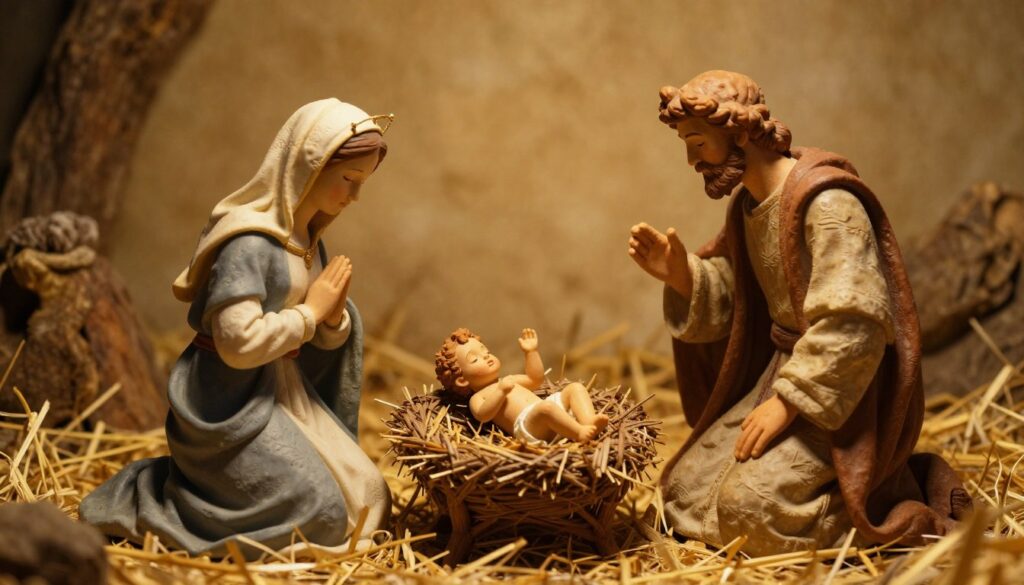 Nativity scene with figures of Mary, Joseph, and baby Jesus