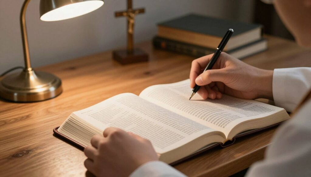 Open Bible with priest's hands preparing homily notes