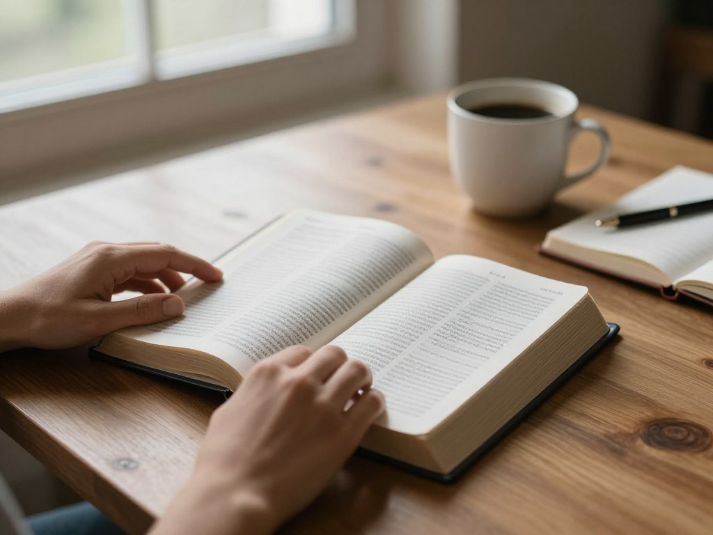 Person reading Bible in quiet prayer at home