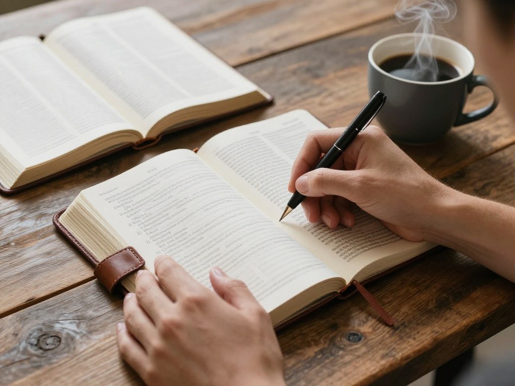 Person writing in journal with Bible and coffee