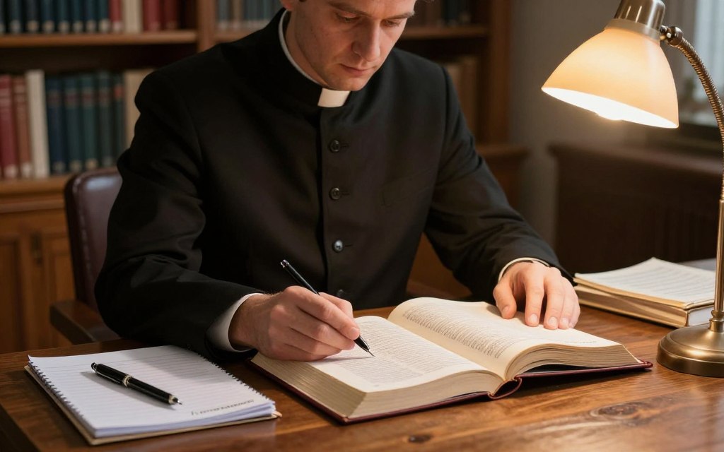 Priest studying Scripture and preparing homily at desk