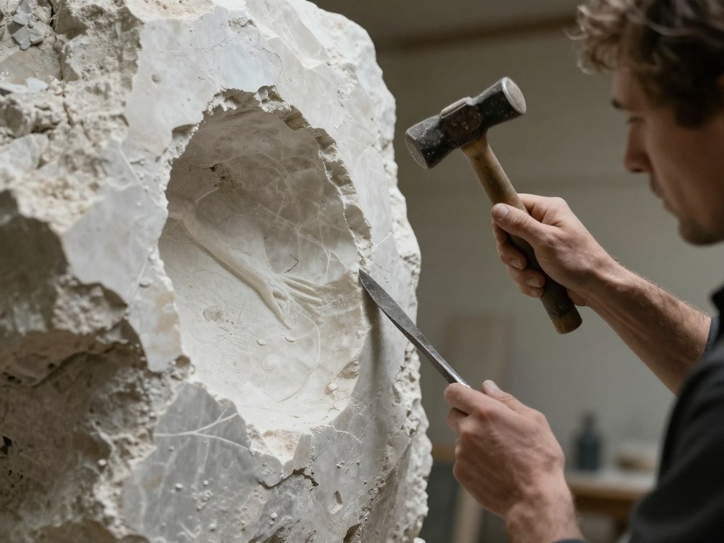 Sculptor working on stone revealing hidden form within