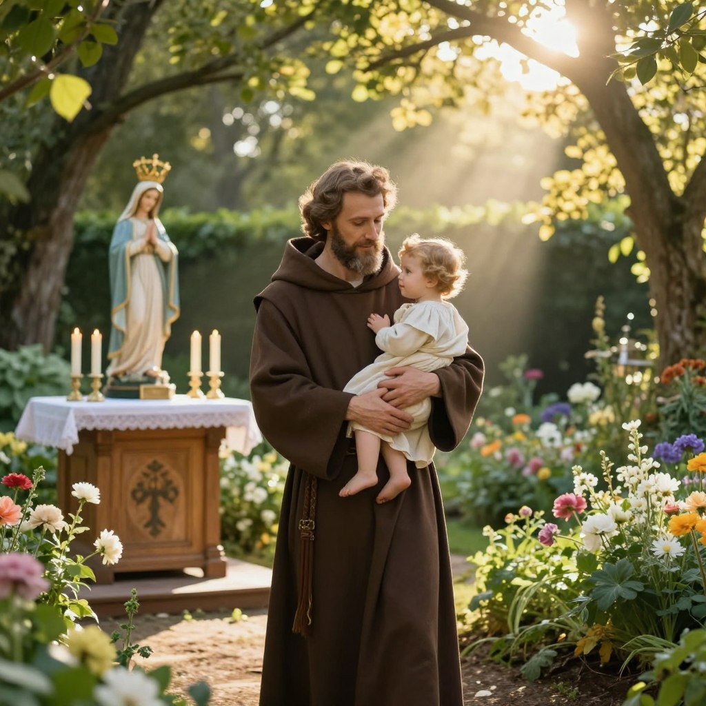 St. Anthony stands in a tranquil, sunlit garden, surrounded by lush greenery and blooming flowers, symbolizing the beauty of his miracles. In the foreground, St. Anthony, dressed in traditional Franciscan robes, gently cradles a child, his expression warm and compassionate. The middle ground features a small wooden altar adorned with candles and a statue of the Virgin Mary, emphasizing the sacredness of his works. In the background, soft rays of golden sunlight filter through the leaves of towering trees, creating a serene atmosphere filled with hope and divine light. The scene captures a sense of wonder and devotion, inviting viewers to connect with the essence of St. Anthony's miraculous legacy. The overall mood is peaceful and uplifting, evoking a sense of faith and inspiration.