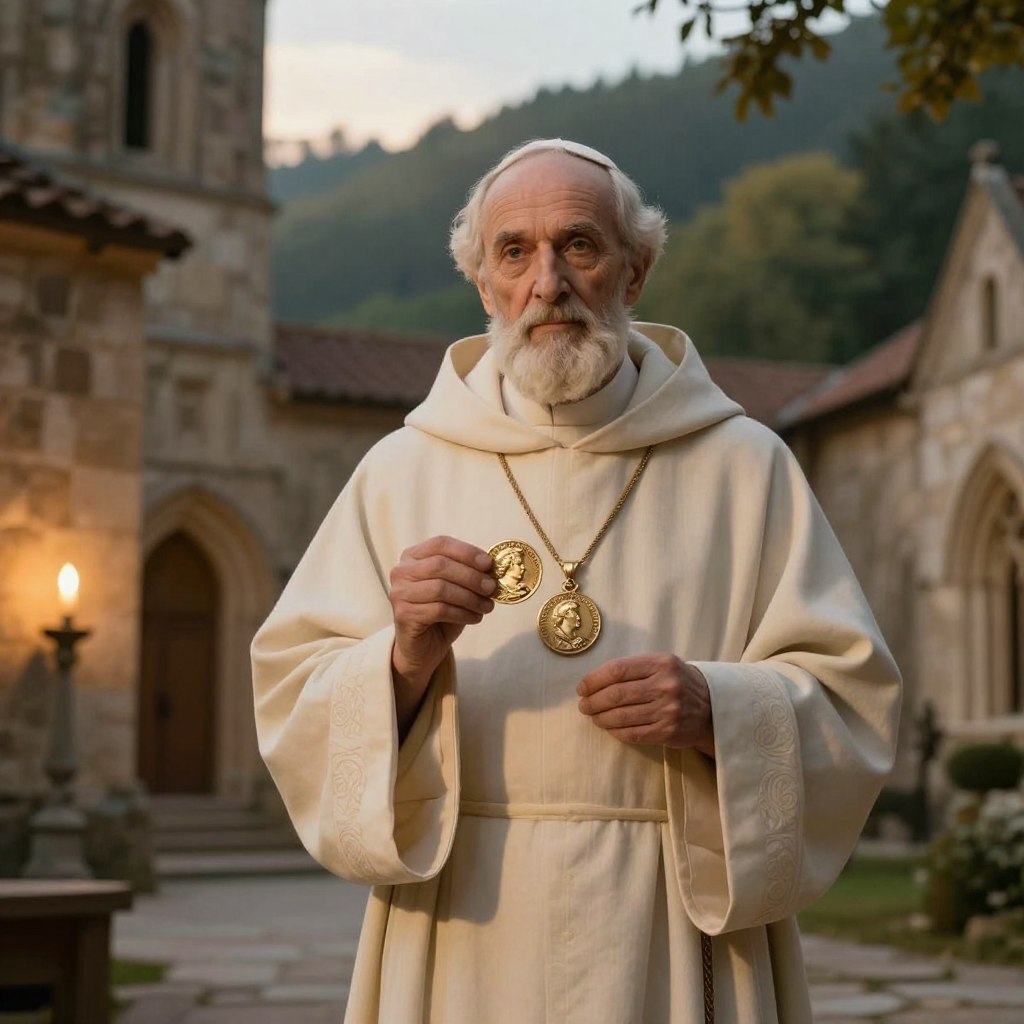 St. Benedict stands in the foreground, depicted as a venerable figure in simple, flowing robes adorned with subtle patterns that evoke tradition. His expression is serene and wise, reflecting his historical significance in monasticism. He holds a St. Benedict medal in one hand, symbolizing protection against evil. In the middle ground, there should be an ancient monastery, its stone walls bathed in soft, warm candlelight, highlighting the sanctity of the environment. In the background, a gentle forest landscape creates a tranquil atmosphere, with soft sunlight filtering through the trees, suggesting a connection to nature and spirituality. The overall mood is reverent and contemplative, captured in warm hues and soft focus to convey the historical origins and papal approval of the medal. Use a slightly low angle to enhance the majesty of St. Benedict against the monastery backdrop.