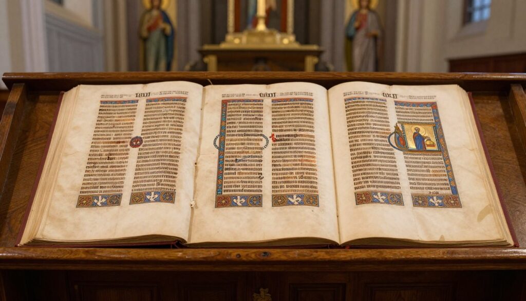 Three Gospels open on lectern showing Matthew, Mark, and Luke